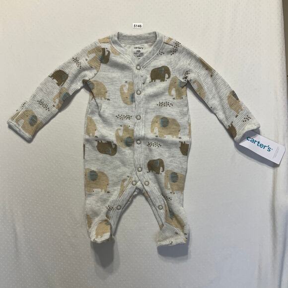 Carter’s New Born Baby Footie with Gloves Gray Elephants Print - Picture 1 of 4